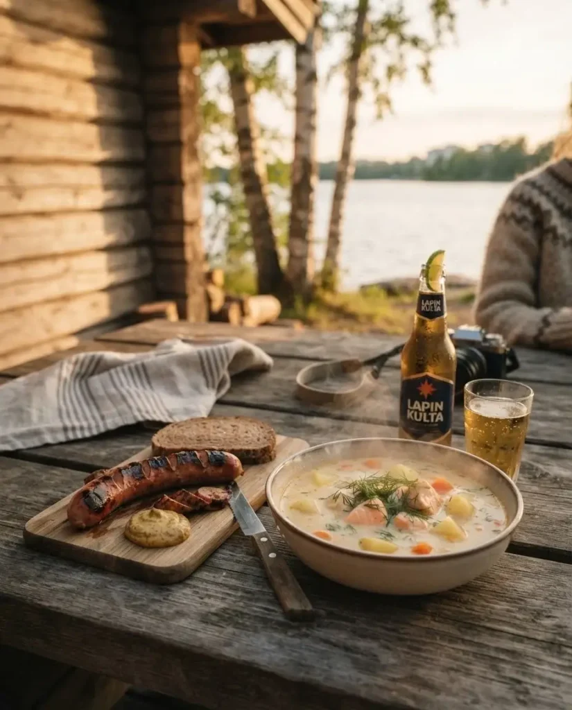 Grilled Finnish sausage and creamy salmon soup served after a sauna session with a cold drink in Helsinki, Finland
