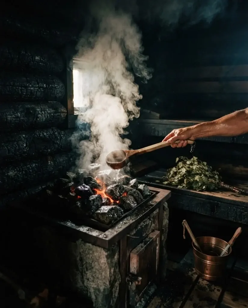 Steam rising from water poured over glowing heated stones inside a traditional wood-heated smoke sauna in Finland
