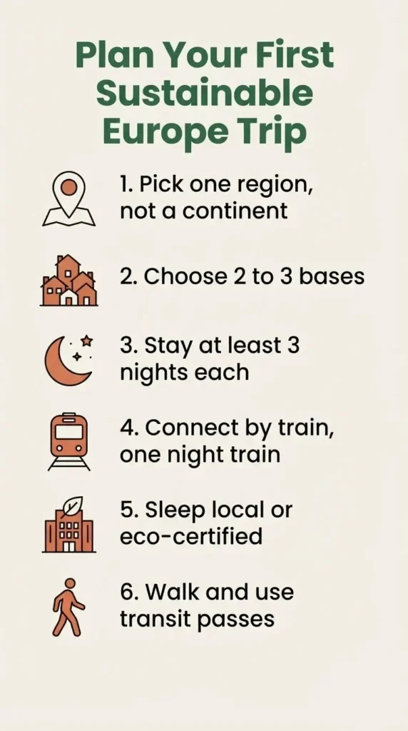  Step-by-step checklist infographic for planning a first sustainable trip in Europe by train
