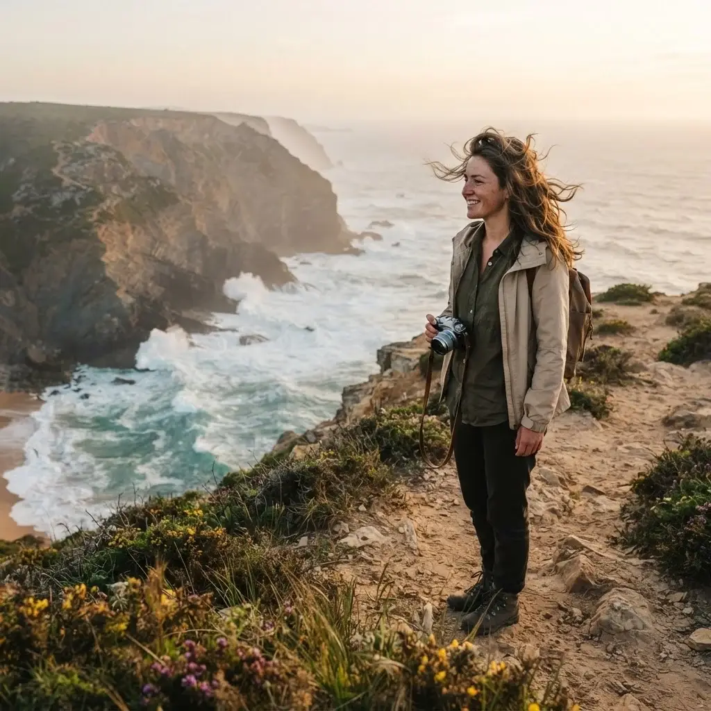 A young woman solo hiker in linen travel clothes stands on a clifftop path of the Fishermen's Trail along Portugal's wild Rota Vicentina coast, with the Atlantic Ocean and sandy cove below.