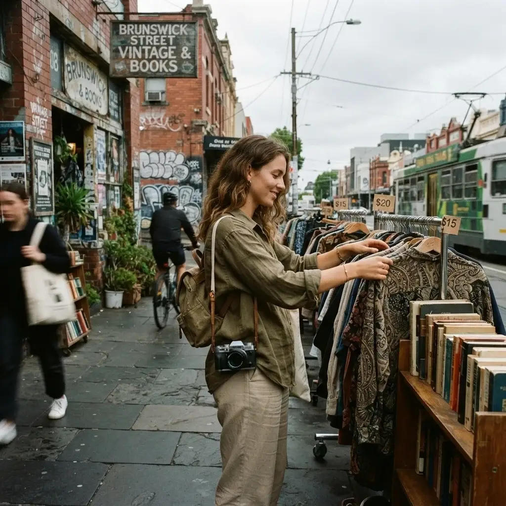 Brown-haired woman in earth-toned linen clothing looking at books and vintage items outside a quirky brick storefront in Fitzroy, Melbourne.