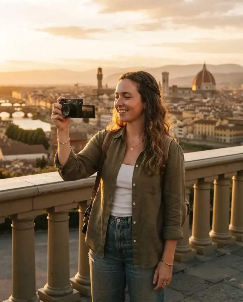 Female traveler with a camera looking over the terracotta rooftops and Duomo of Florence, Italy, from Piazzale Michelangelo at golden hour