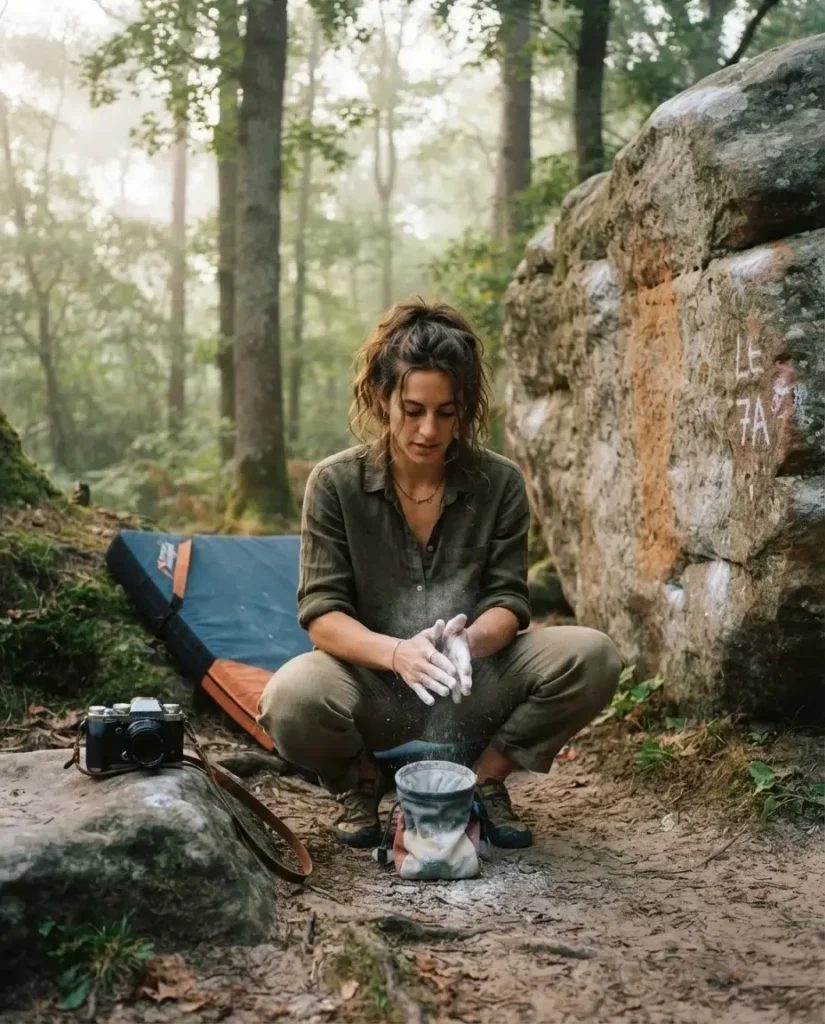 Solo traveler in earthy linen clothing chalking up before a sandstone boulder problem in the Fontainebleau forest near Paris, France, with color coded circuit markers visible on the rock.