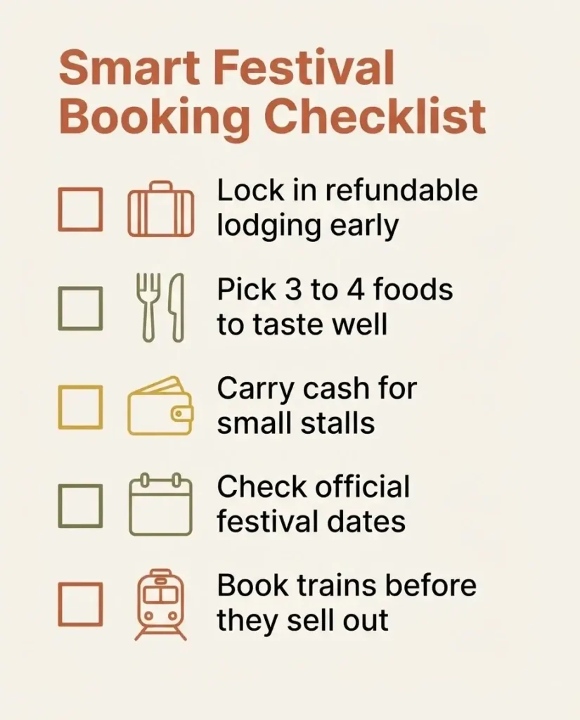 Minimalist checklist infographic with smart booking and budgeting tips for visiting European food festivals