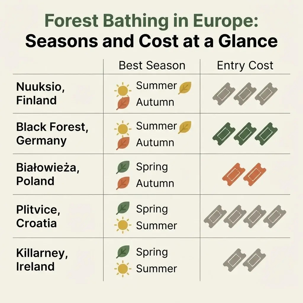 Comparison infographic of the best seasons and typical costs for forest bathing across five European destinations