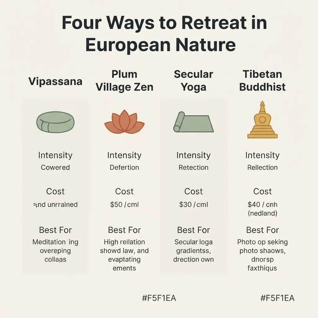Comparison chart of four European meditation retreat types including Vipassana, Plum Village Zen, secular yoga, and Tibetan Buddhist