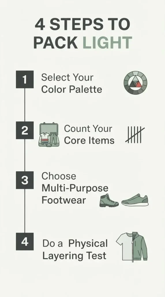 A clean vertical checklist infographic displaying four sequential steps to build a lightweight travel wardrobe, detailing color palette selection, core item counts, footwear limits, and the physical layering test.