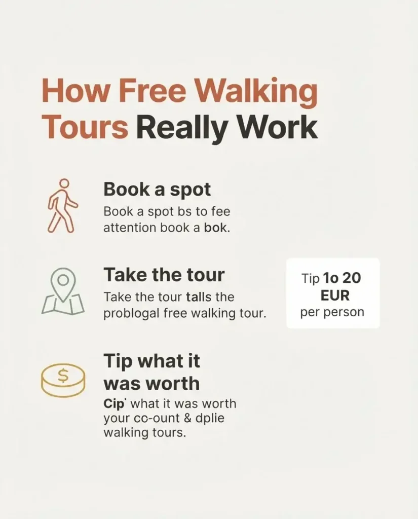 Flat vector infographic explaining how free tip-based walking tours work in Europe and how much to tip