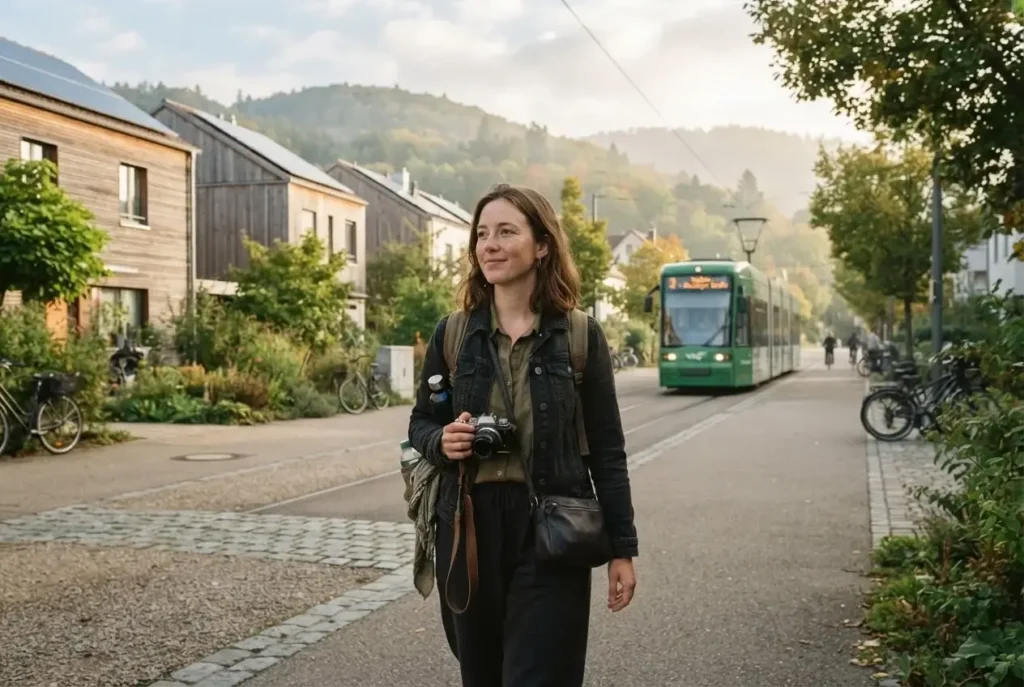 Solo traveler walking a car-free solar-panel street in Freiburg's Vauban district near the Black Forest, Germany