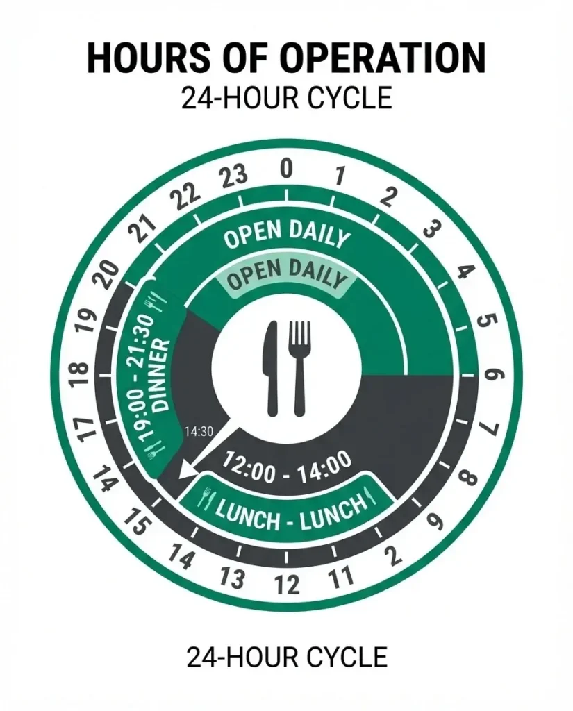 A clear visual schedule showing the open and closed hours for French rural restaurants, highlighting lunch and dinner windows.