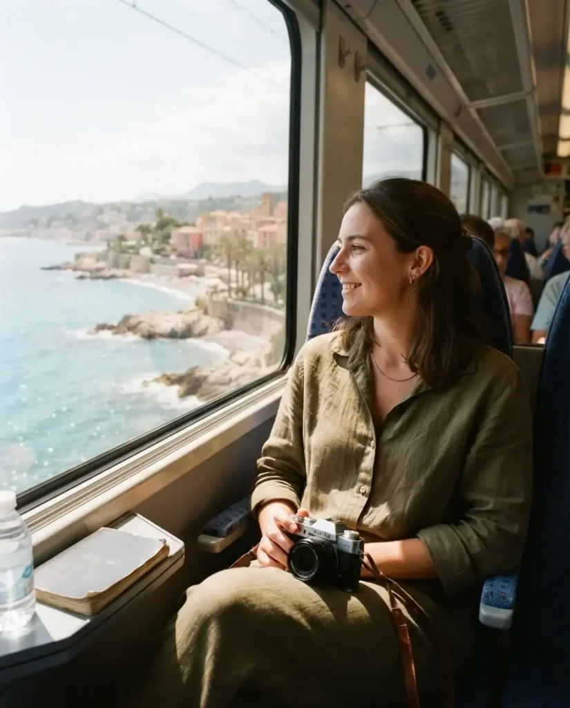Solo traveler looking out a regional TER train window at the turquoise French Riviera coastline between Nice and Ventimiglia, France