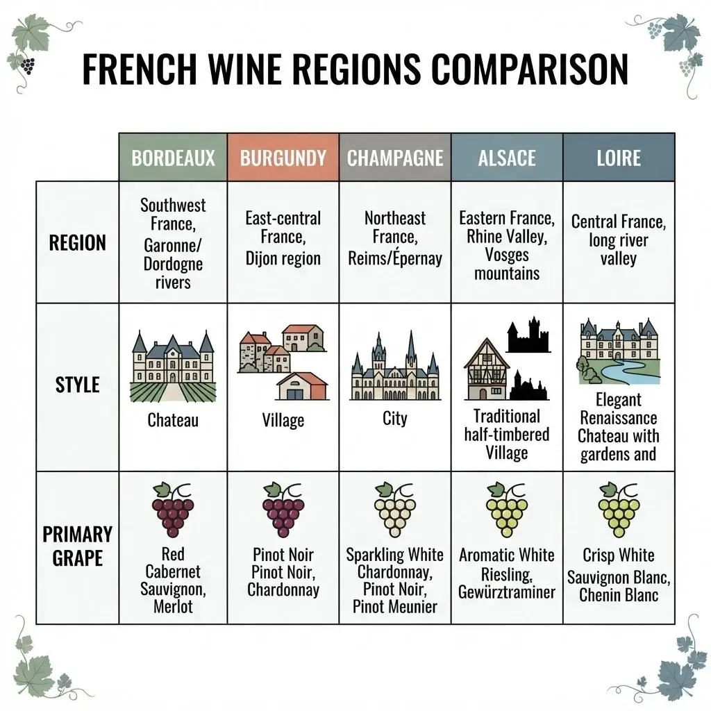 A minimalist comparison chart detailing the five best wine regions in France, listing their primary grape varieties and best travel style for solo visitors.