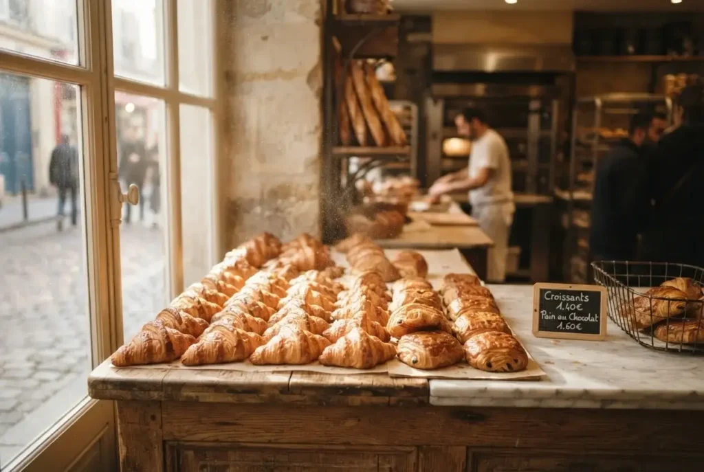 Flaky butter croissants and pain au chocolat on a marble counter inside a traditional Paris boulangerie in the morning, France