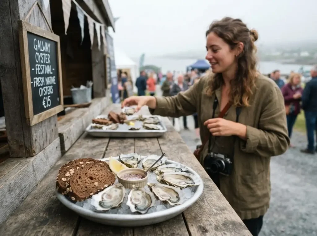 Fresh native oysters and brown bread on a stall at the Galway International Oyster Festival on Ireland's west coast