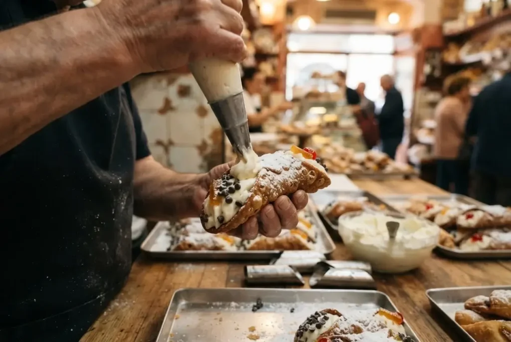 Fresh Sicilian cannoli filled with ricotta and dusted with powdered sugar at a local pasticceria counter, Sicily Italy