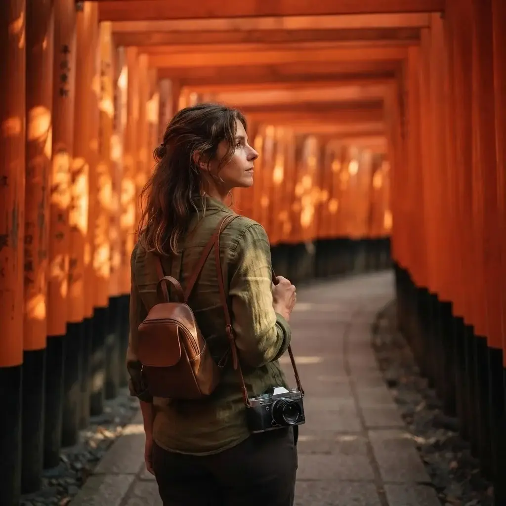 A candid medium shot of a 20-something female solo traveler walking through the vibrant orange Senbon Torii gates at Fushimi Inari Taisha in Kyoto, carrying a mirrorless camera.