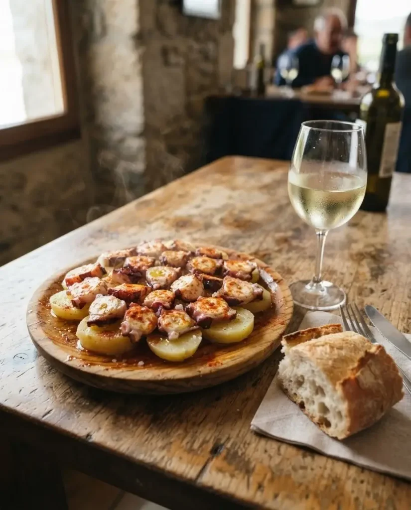 Pulpo a la gallega octopus on a wooden plate with paprika at a seafood spot in O Grove, Galicia, Spain