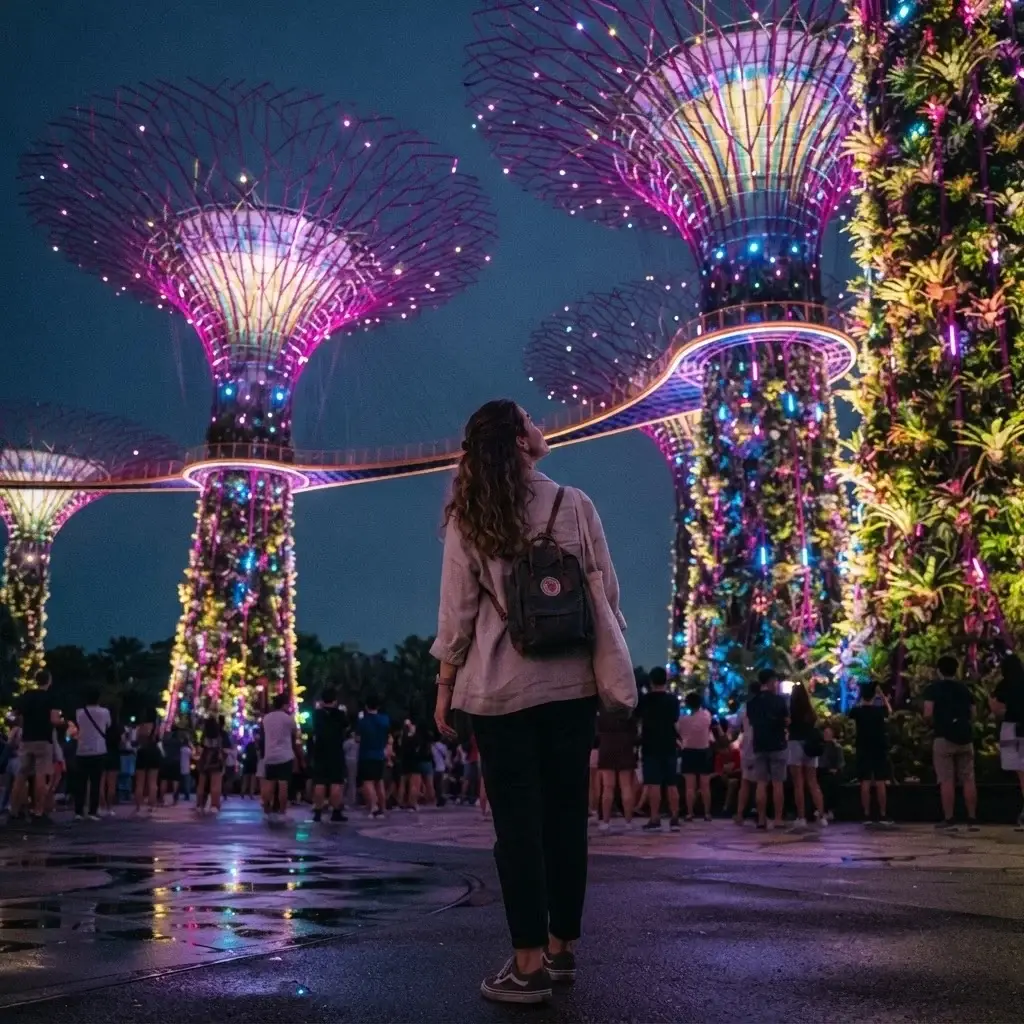 A low-angle nighttime photograph of a female solo traveler with brown hair viewed from behind looking up at the glowing neon Supertrees at Gardens by the Bay in Singapore during the evening light show.