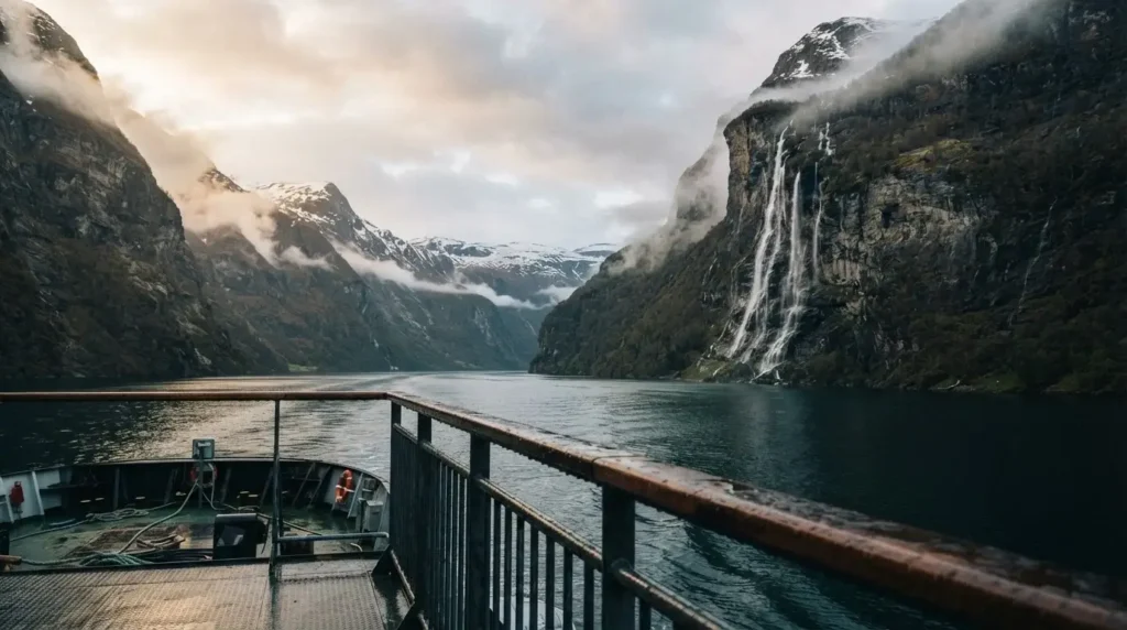 View of towering cliffs and cascading waterfalls from a passenger ferry crossing the Geirangerfjord in Norway