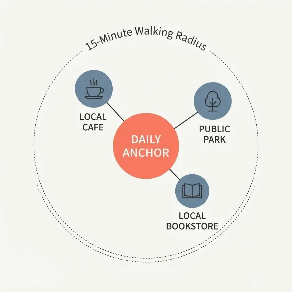 A minimalist vector diagram illustrating the 15-minute walking radius anchoring method, showing a central daily anchor connected to secondary points like a cafe, a park, and a bookstore.