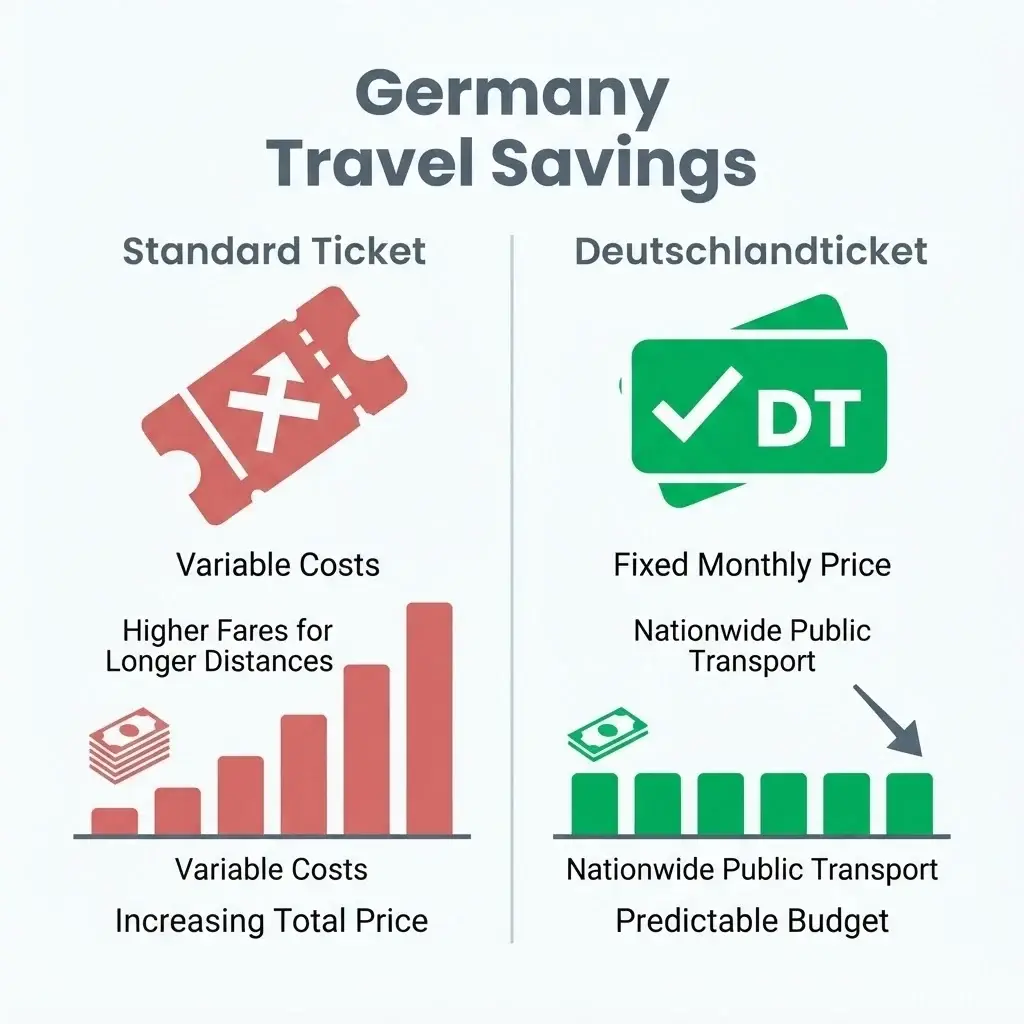 An infographic comparing the costs of standard German regional train tickets versus the flat-rate Deutschlandticket for long-term travelers.