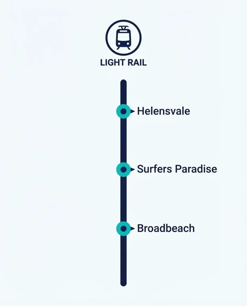 A minimalist vector guide showing the G:link light rail route, key stops from Helensvale to Broadbeach, and transport frequency tips.