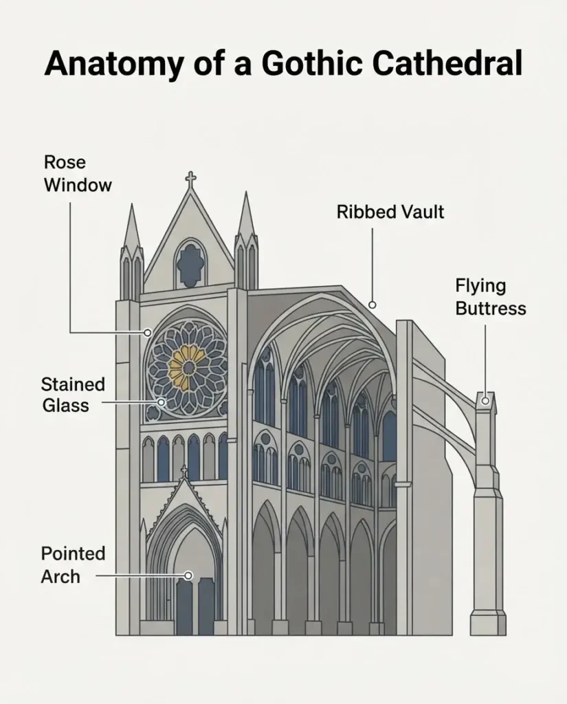 Flat vector diagram labeling the anatomy of a Gothic cathedral, including flying buttresses, ribbed vaults, pointed arches, and rose windows