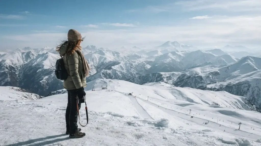 Solo female traveler with a camera looking out over wide open high-altitude ski slopes in Gudauri, Caucasus mountains, Georgia