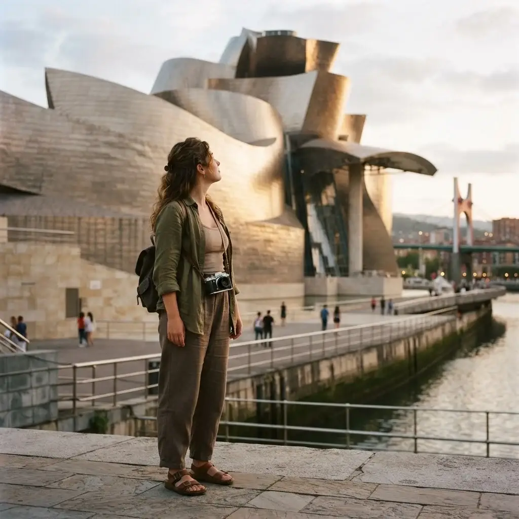 Solo female traveler admiring the titanium curves of the Guggenheim Museum Bilbao at golden hour, a modern art city in Europe.