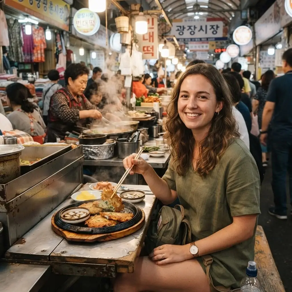A candid eye-level shot of a female solo traveler sitting at a food stall bench in Gwangjang Market eating traditional bindaetteok mung bean pancakes.