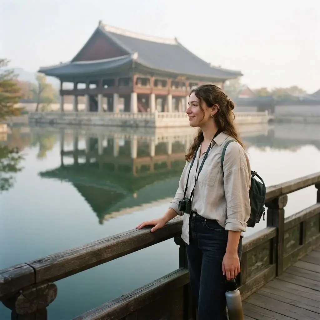 A female traveler with brown hair in linen clothes looking out at the Gyeonghoeru Pavilion on a calm lake at Gyeongbokgung Palace in Seoul.