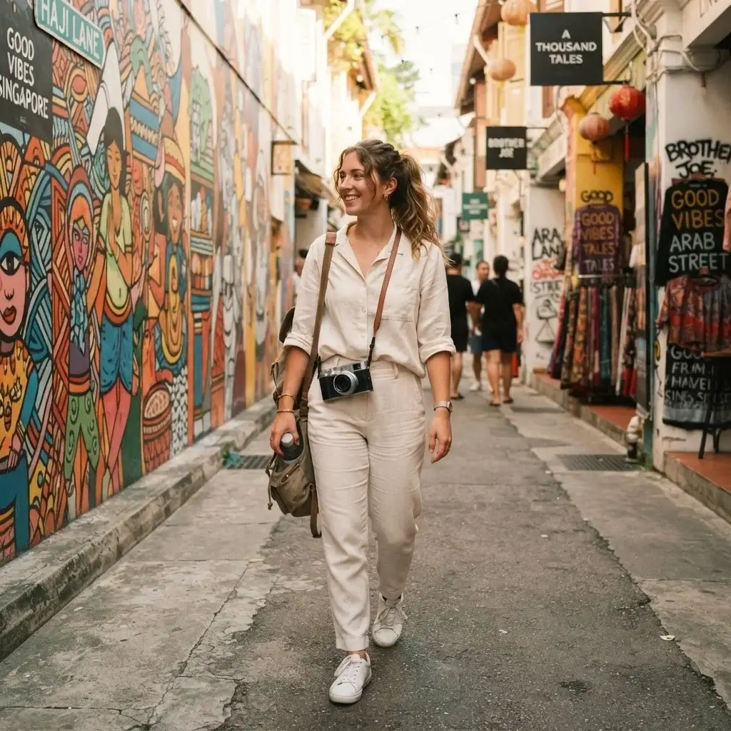 A candid side-profile photo of a female traveler with brown hair wearing casual linen clothes walking past colorful street art murals in Haji Lane Singapore while carrying a mirrorless camera.