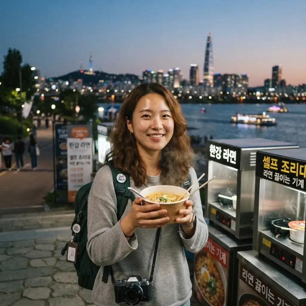 A close-up, authentic shot of a female traveler holding a steaming paper bowl of instant ramen next to the automated cooking machines at Yeouido Han River Park at dusk.