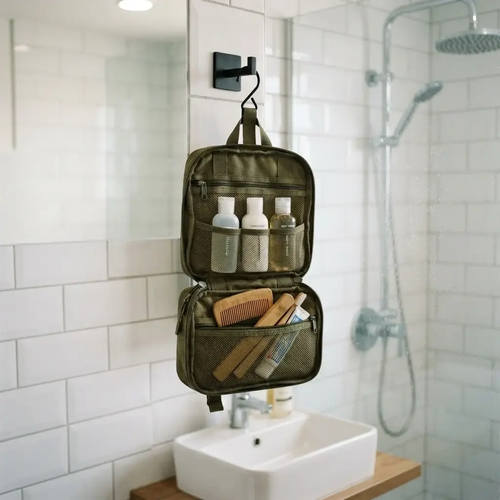 A small, sleek olive green water-resistant hanging toiletry bag hanging from a metal hook in a clean, minimalist hostel bathroom, showing neatly packed travel containers inside its clear compartments.