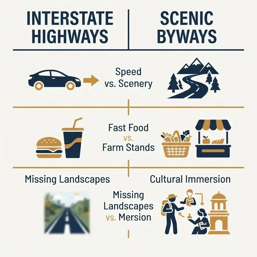 A clean, 1:1 aspect ratio vector comparison table contrasting multi-lane interstate highways against scenic rural byways across velocity, dining, and cultural depth metrics.