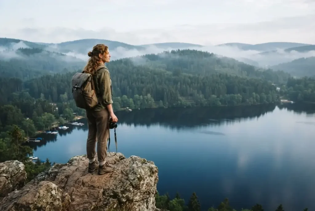 A solo traveler standing at the edge of Lake Titisee in the Black Forest, wearing casual linen clothes and carrying a camera.