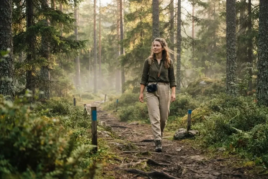 Female solo hiker walking single file on a marked forest trail in a Nordic national park, practicing low-impact hiking in Europe