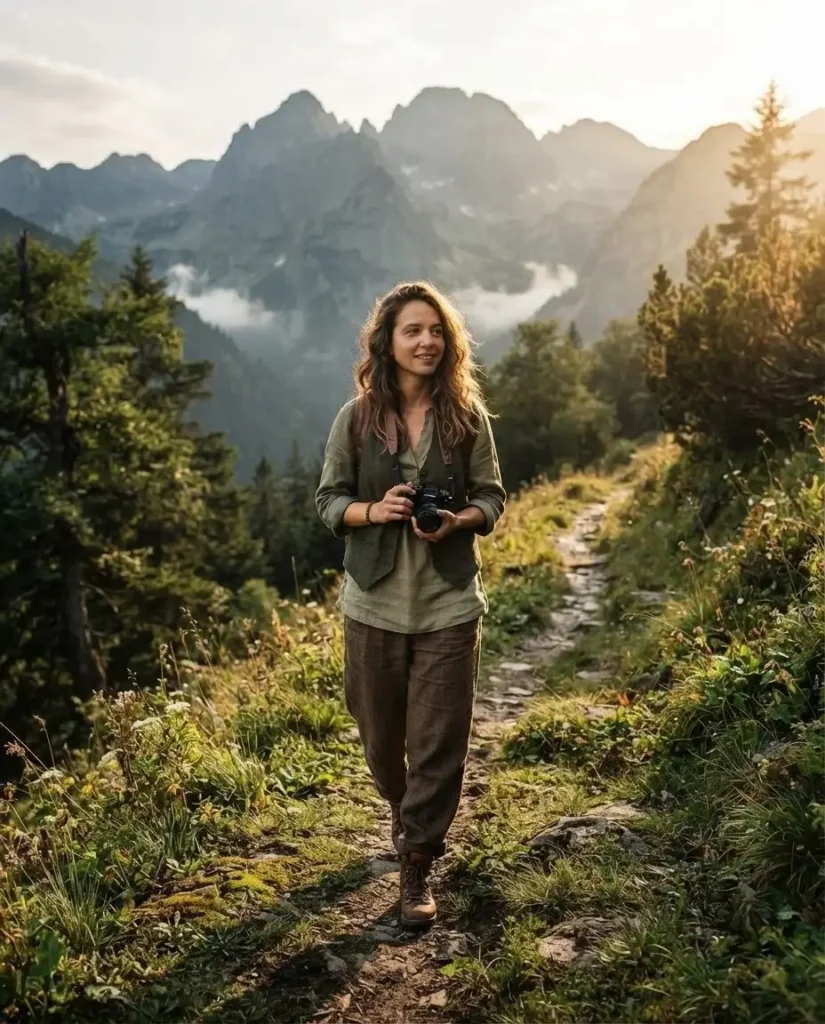 Female solo traveler in casual linen clothing hiking on a grassy trail in the Rila Mountains, Bulgaria, with jagged mountain peaks in the distance.