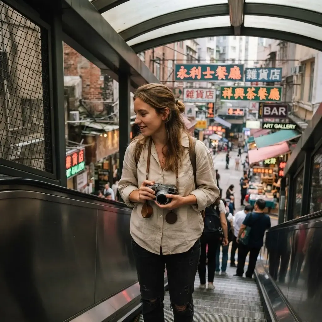A young female solo traveler with brown hair in light linen clothes riding the outdoor covered Central-Mid-Levels Escalator while looking down a steep side street in SoHo, Hong Kong.