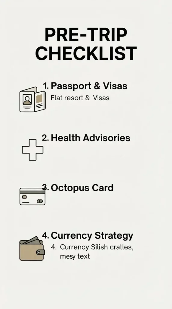 A vertical 9:16 infographic checklist titled PRE-TRIP CHECKLIST with four flat vector blocks detailing steps for passports and visas, medical prep, transit cards, and currency management.