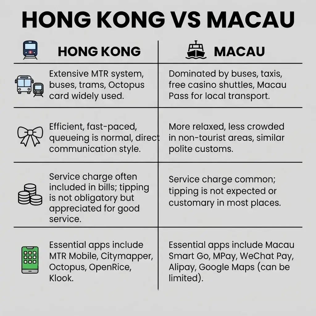 A square 1:1 infographic comparison table comparing Hong Kong and Macau side-by-side on transit choices, escalator rules, tipping customs, and essential navigation apps using clean rows and a minimalist layout.