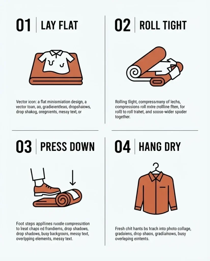 A step-by-step vector diagram showing the hotel room towel roll trick for drying travel clothes quickly across four sequential panels.
