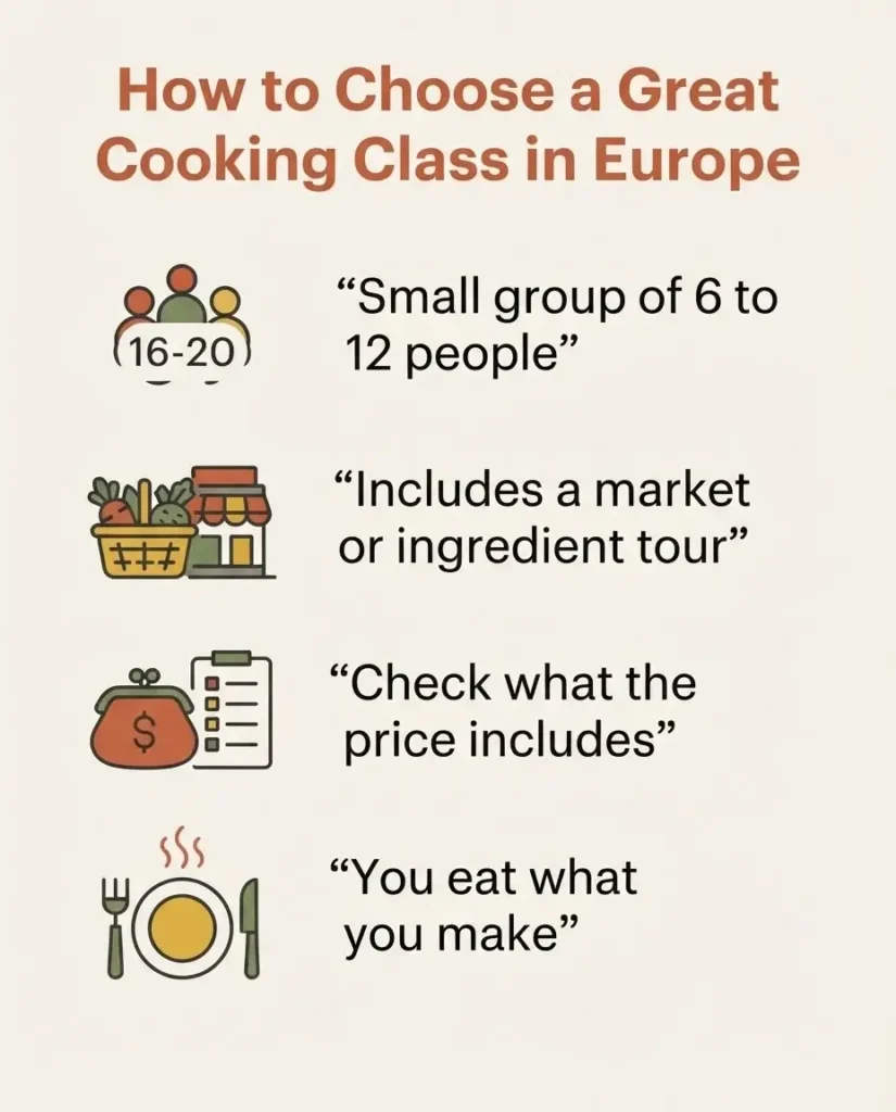Flat vector checklist infographic showing how to choose a good cooking class in Europe