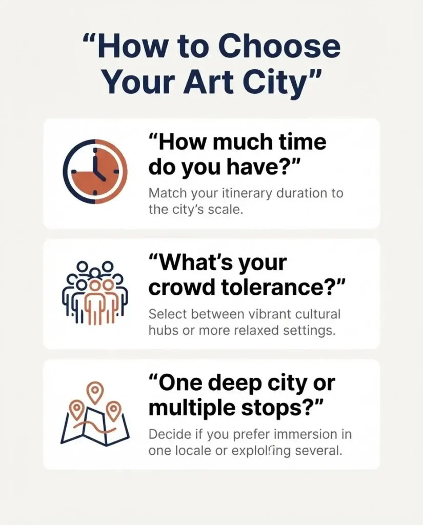Flat vector infographic checklist showing three questions to help travelers choose the best European art city for their trip.