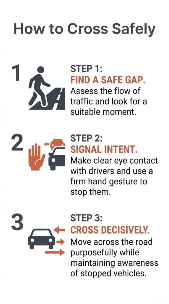 An illustrated step-by-step guide showing three simple steps to safely cross a busy street in Cairo, emphasizing eye contact and steady movement.