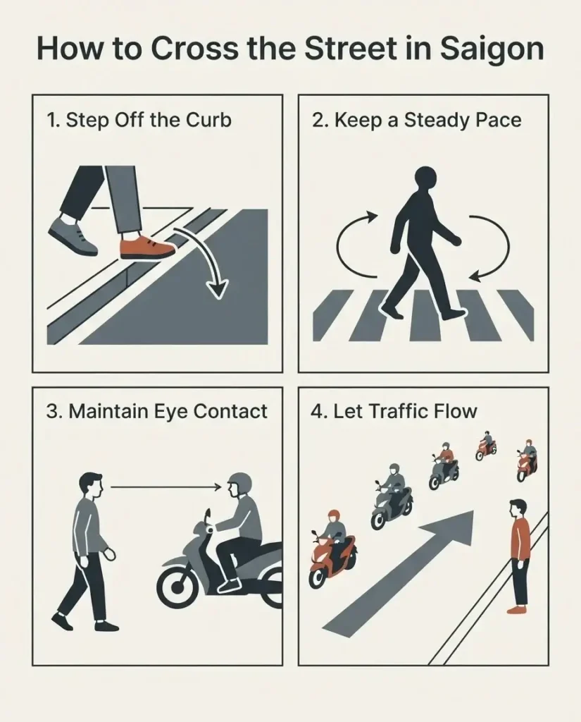 A 4:5 minimalist vector guide breaking down the counterintuitive four-step physical technique for crossing streets through dense motorbike traffic in Vietnam.