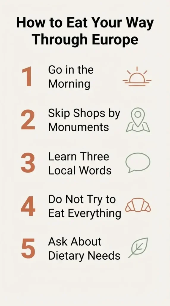 Step-by-step guide infographic on how to find and enjoy the most delicious pastries to try in Europe as a solo traveler