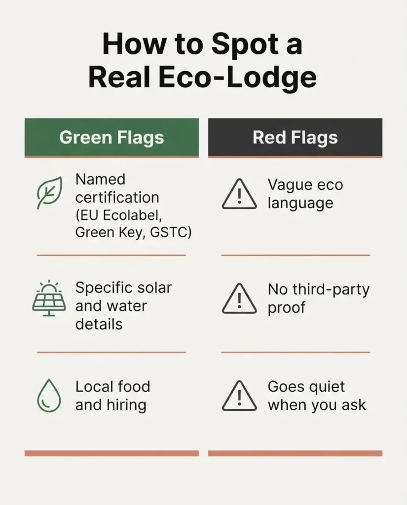 Flat vector checklist infographic showing how to spot greenwashing versus genuine eco-lodge certifications in Europe