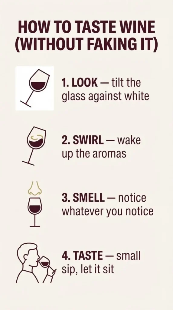 Flat vector infographic showing the four steps of wine tasting for beginners: look, swirl, smell, taste