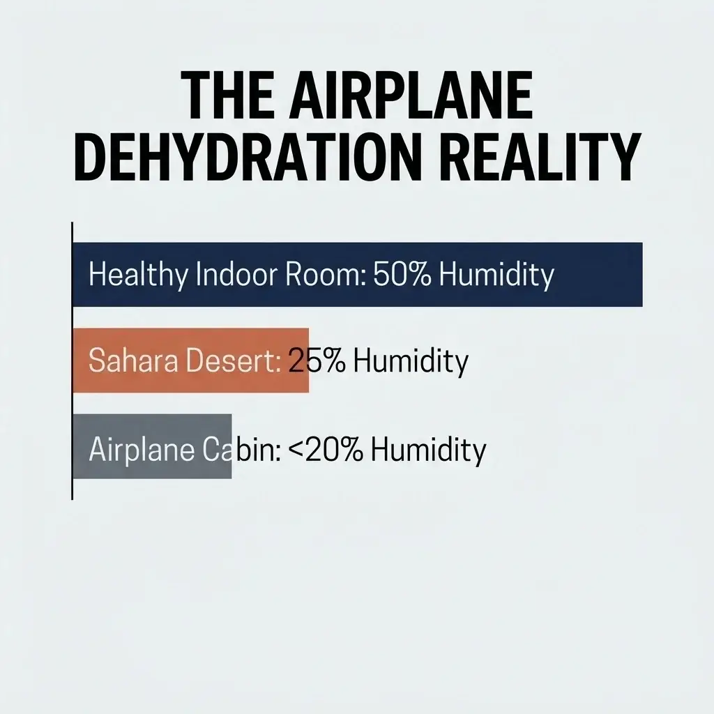 A minimalist vector bar chart comparing the humidity percentages of a healthy room at fifty percent, the Sahara Desert at twenty-five percent, and an airplane cabin at less than twenty percent.